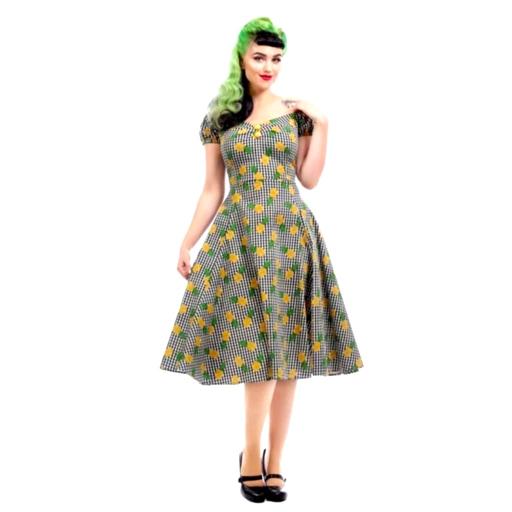 Collectif Mainline Dolores Pineapple Gingham Doll Vintage 50s Pin Up Dress Sz XS